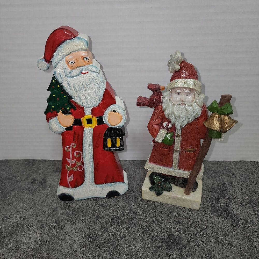 Vintage Resin Santa Figurine Lot of 2 Lantern Christmas Tree Cardinal Gold Bells